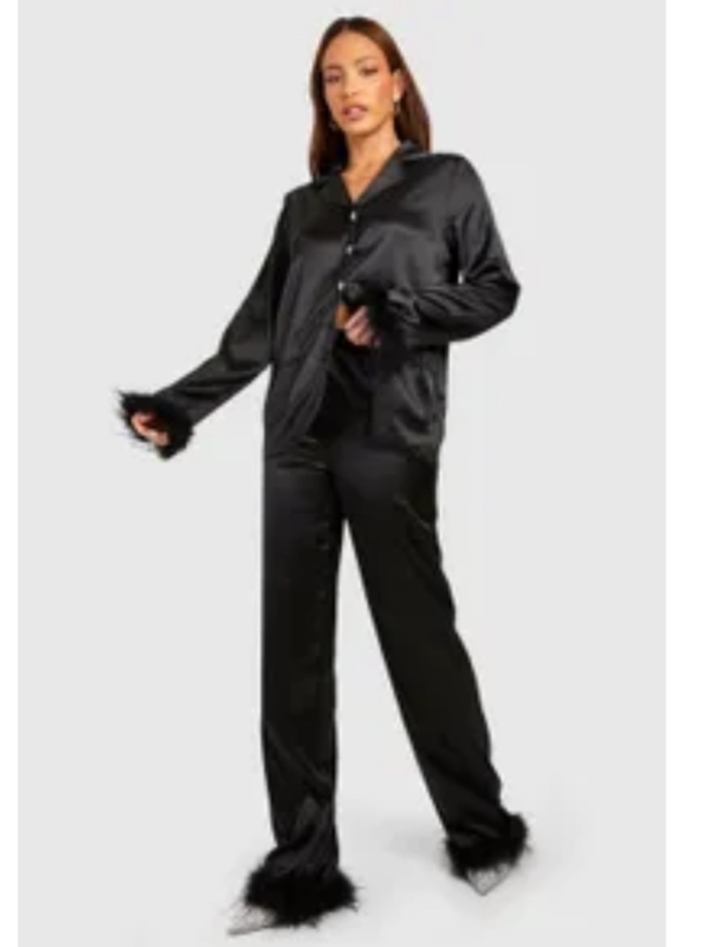 Boohoo Black Satin Feather-Trim Pajama Set
